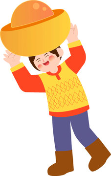 男孩舉著元寶新年人物扁平插畫