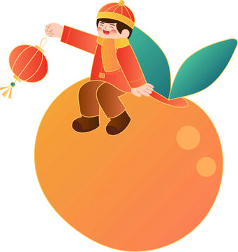 男孩手提燈籠坐在橙子上插畫