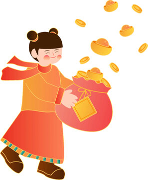 女孩抱著福袋金幣扁平插畫