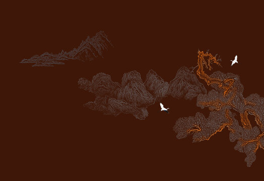 手繪線(xiàn)描山水壁畫(huà)中式山水墻畫(huà)圖