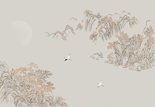 中式線描山水禪意山水壁畫圖