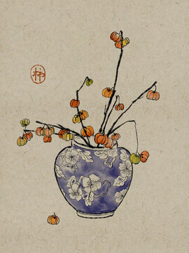水墨風(fēng)格小柿子青花瓷