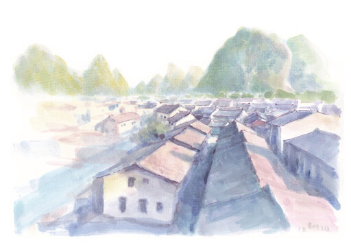 廣西黃姚古鎮(zhèn)水彩畫