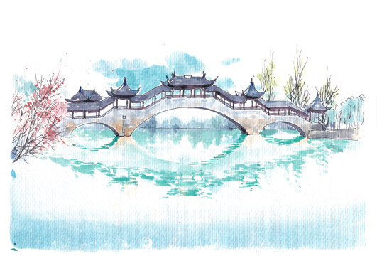 山東省臺兒莊廊橋水彩畫