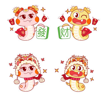 蛇年春節(jié)喜慶貼紙窗花矢量插畫