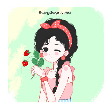 黑髮粉裙紅色草莓少女