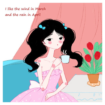 黑髮粉裙鬱金香少女