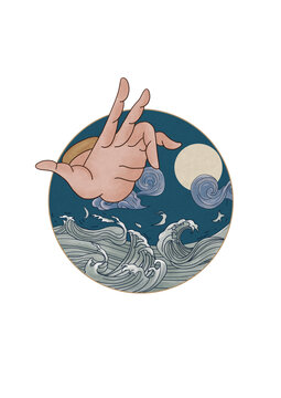 國(guó)風(fēng)中式手部海浪插畫