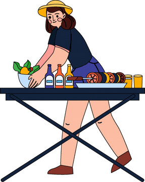 女生在準(zhǔn)備露營的食物描邊插畫