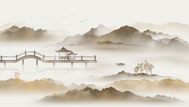 新中式小橋流水山水畫