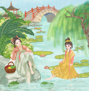 國風(fēng)手繪大暑節(jié)氣插畫