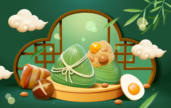 展臺上的粽子與食材 三維古風端午節(jié)橫幅