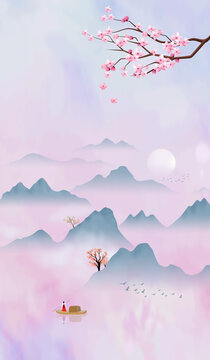 山水云霧豎版插畫
