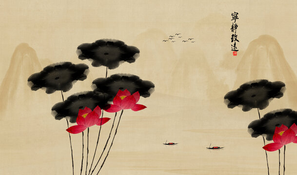 荷花水墨畫