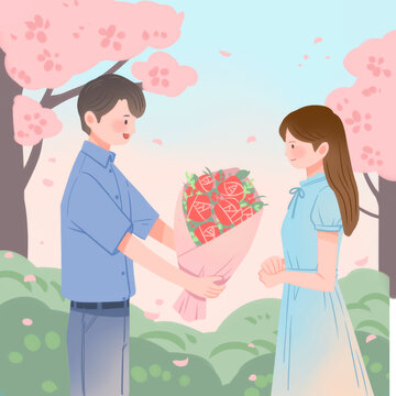 手繪七夕情人節(jié)情侶春日花束
