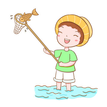 手繪卡通小孩捕魚免摳元素