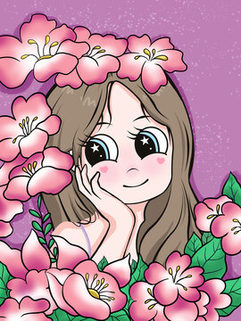 可愛溫馨花朵女孩插畫