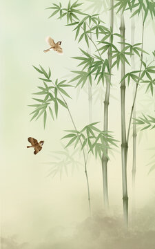 新中式花鳥(niǎo)竹林背景墻
