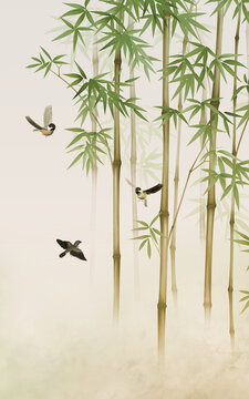 新中式花鳥竹林背景墻