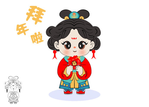 國(guó)潮新年春節(jié)福娃拜年小女孩