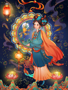中元節(jié)中秋國潮人物場景插畫