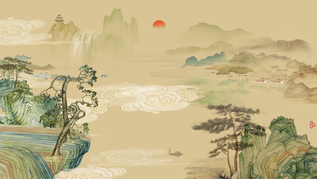 高端新中式青綠山水背景墻壁畫(huà)