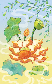 原創(chuàng)荷花風(fēng)景插畫精細(xì)風(fēng)層文件