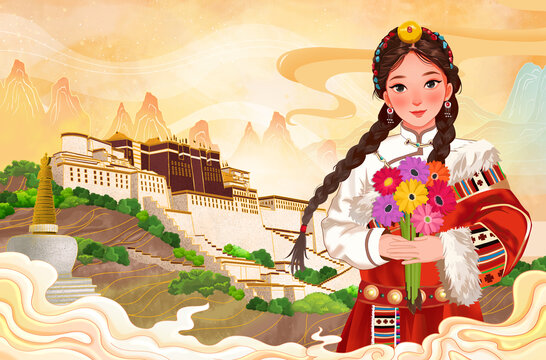 國(guó)潮插畫西藏布達(dá)拉宮藏族姑娘