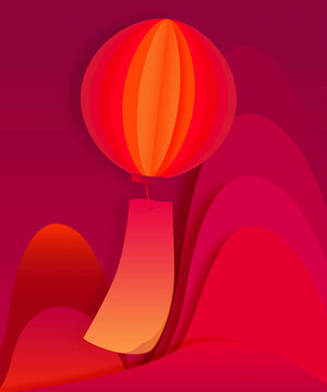 新年喜慶紅色燈籠山脈剪紙風(fēng)插畫(huà)