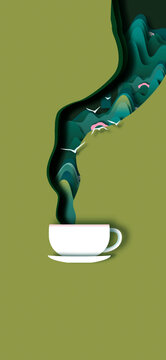 剪紙風茶杯上冒出的春日峽谷森林