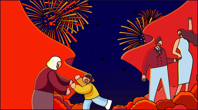 國(guó)慶節(jié)夜晚煙花下慶祝的一家人