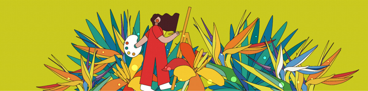 熱帶植物叢中拿調(diào)色板畫(huà)畫(huà)的女孩