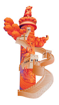 鑲嵌的長城和中國紅華表矢量插畫