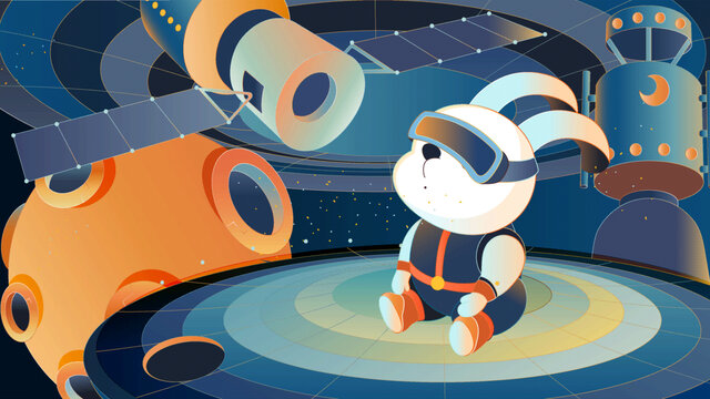 帶VR眼鏡觀察宇宙的宇航兔