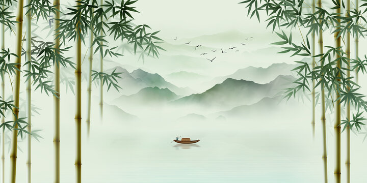 新中式意境竹林背景墻
