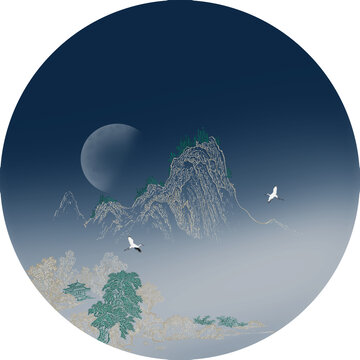 新中式線描古建筑山水圓形掛畫