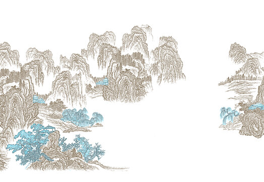 工筆線描山水壁畫手繪山水壁畫