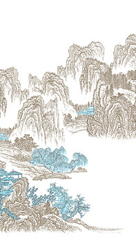 工筆線描山水掛畫裝飾畫