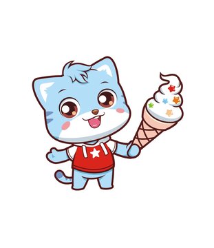 卡通可愛藍色小貓咪吃冰淇淋