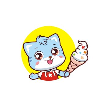 卡通可愛藍(lán)色小貓咪吃冰淇淋頭像