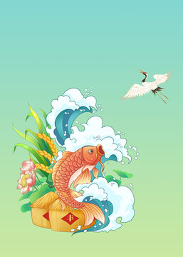 國風(fēng)錦鯉生態(tài)大米插畫