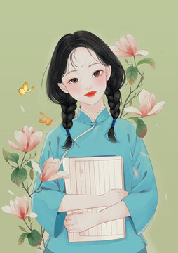 玉蘭花女孩插畫