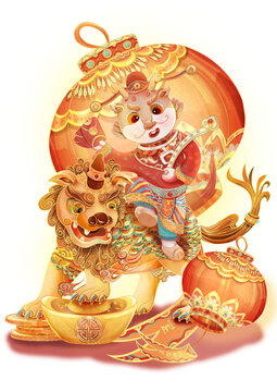 國潮插畫財神麒麟龍年IP元素