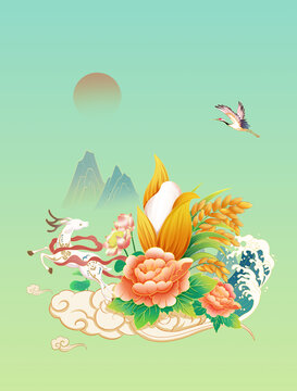 國風(fēng)仙鹿大米插畫