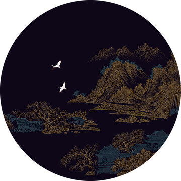 工筆圓形山水線描山水裝飾畫