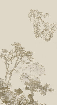工筆線描山水松鶴圖工筆山水畫