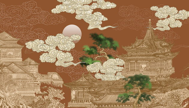 中式閣樓建筑背景墻