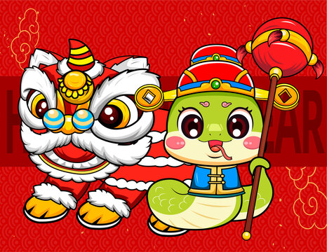 蛇年舞獅國(guó)潮插畫