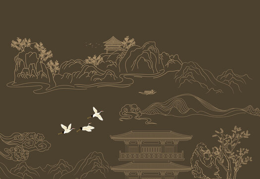 線描山水閣樓裝飾墻