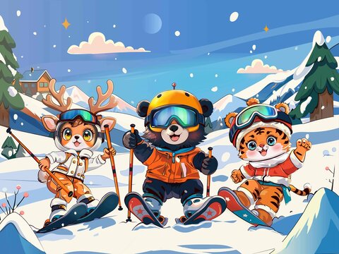小動物滑雪娛樂海報